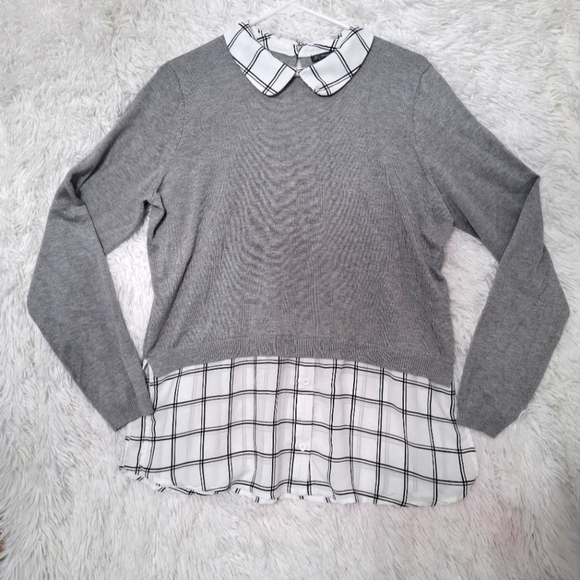 Adrianna Papell Tops - Adrianna Papell Twofer Collared Sweater Blouse Top Gray Long Sleeve Plaid Large